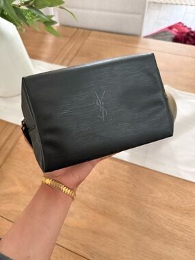 Yves Saint Laurent Black Leather Embossed Logo Toiletry Bag